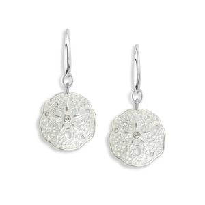 Elegant Sterling Silver Earrings: Hand-Enamelled White Sanddollar Dangles with Sapphire Stones