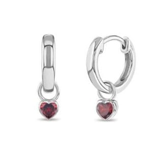 Stunning Sterling Silver Huggie Hoop Earrings with Red CZ Heart