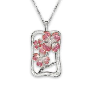 Stunning Silver Pendant: Enameled Dogwood Flower with White Sapphire
