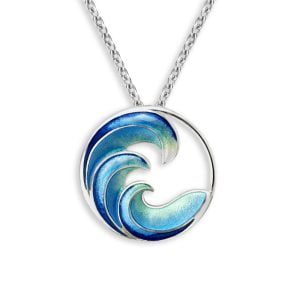 Shimmering Sterling Silver Necklace: Hand-Enamelled Blue Wave Design on Adjustable Chain