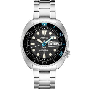 Stylish Seiko Divers Watch: Sleek Black Dial with Blue Day/Date Display