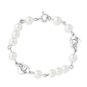 Charming Couple's Pearl-Adorned Silver Heart Bracelet