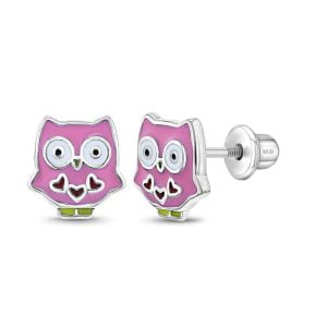 Whimsical Pink Owl: Sterling Silver Stud Earrings for a Timeless Look