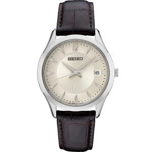 Stylish Seiko Men's Watch: Sapphire Crystal, Water-Resistant with Fancy White Dial
