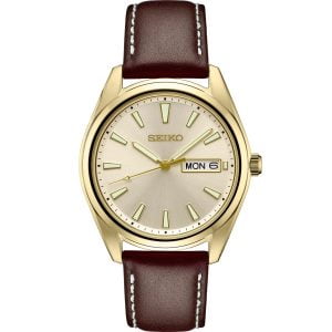 Classic Seiko Day/Date Men's Watch with Brown Leather Strap