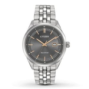 Eco-Drive Elegance: Men's Grey Dial Watch with Rose Accents