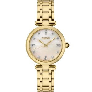 Elegant Gold-Tone Seiko Ladies Watch: Mother of Pearl Dial, Onyx Crown, Diamond Markers
