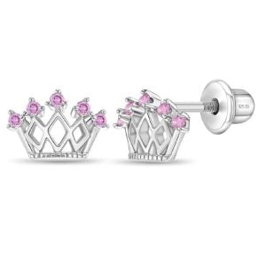 Stunning Sterling Silver Princess Crowns: Dazzling Pink Cubic Zirconia Elegance