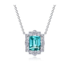 Stunning Emerald Cut Sterling Silver Necklace with Simulated Diamond and Green Sapphire