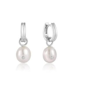Sparkling Sterling Silver Huggie Hoop Earrings with Pearl Drops