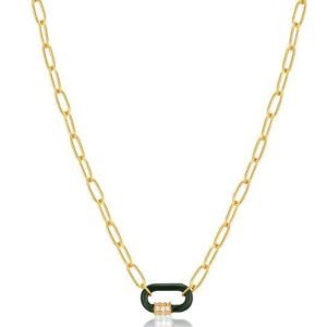 Elegant Layered Necklace: Sterling Silver with Gold Plating and Green Enamel Detail