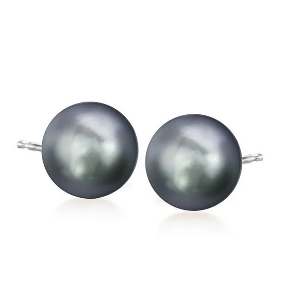 Exquisite 14kt white gold stud earring, showcasing a remarkable, luxurious 10-11mm Tahitian black pearl. An epitome of elegance.