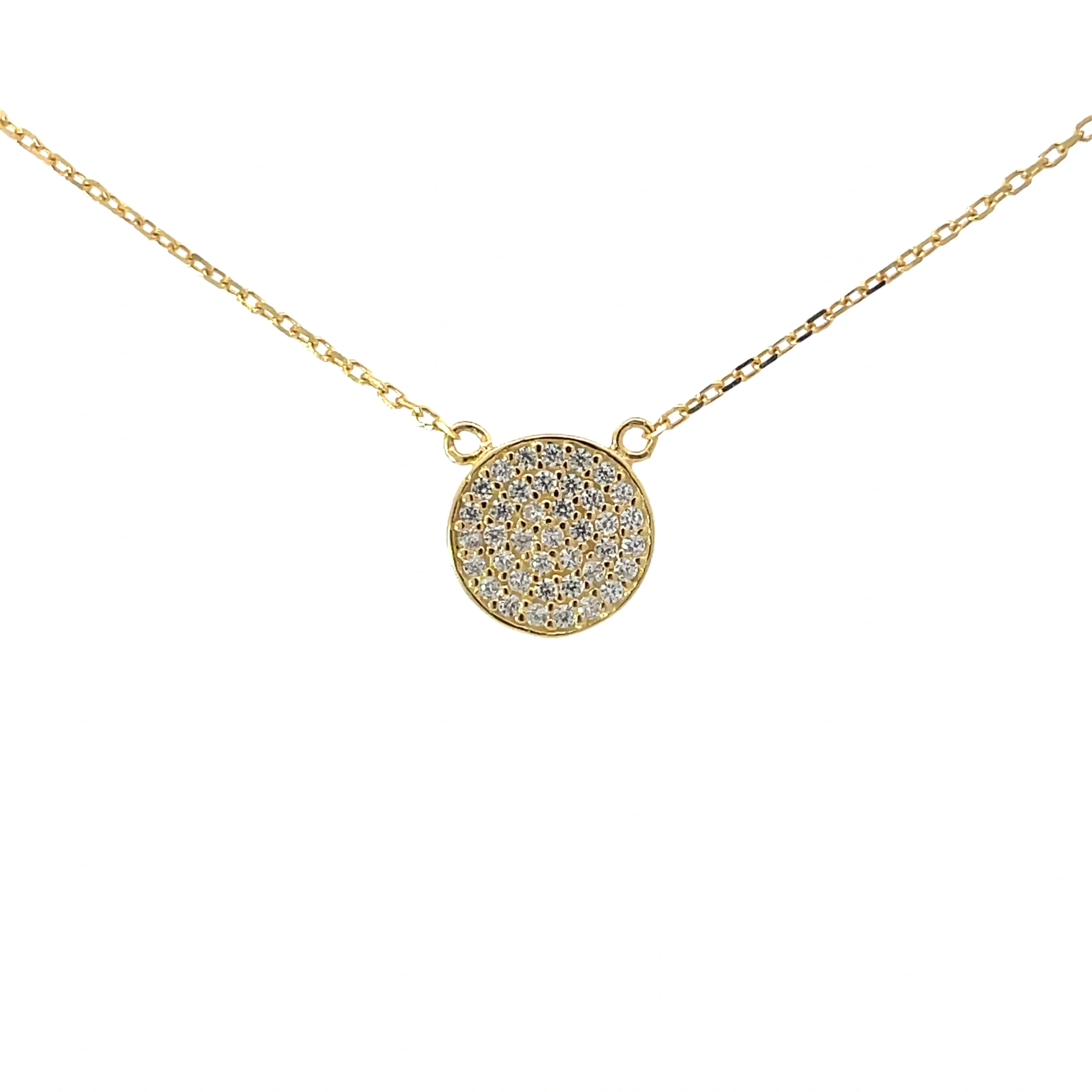 Elegant Sterling silver necklace featuring a gold-tone pave disc pendant on a versatile, adjustable length chain.