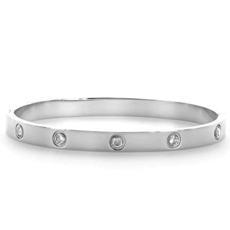 A luxurious 6mm rhodium plated stainless steel bangle adorned with dazzling flush set cubic zirconia stones.
