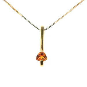 Elegant 14KT Yellow Gold pendant showcasing a radiant 5mm trillian Topaz on an 18 Box Chain.