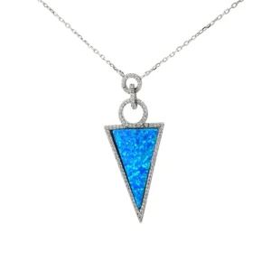 sterling silver created blue opal and cz halo triangle pendant on cable chain with extender.