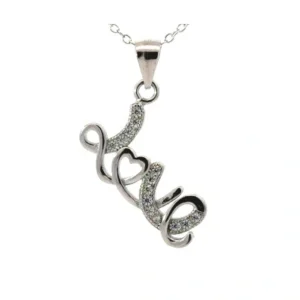Sterling Silver Love CZ pendant on 18" link chain with spring ring rhodium plated