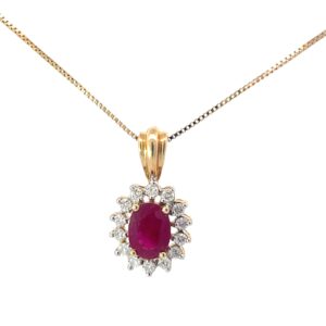 14kt yg ruby and diamond pendant on box chain 1 oval ruby 1.00 ct 14 diamonds tw 0.30 pts