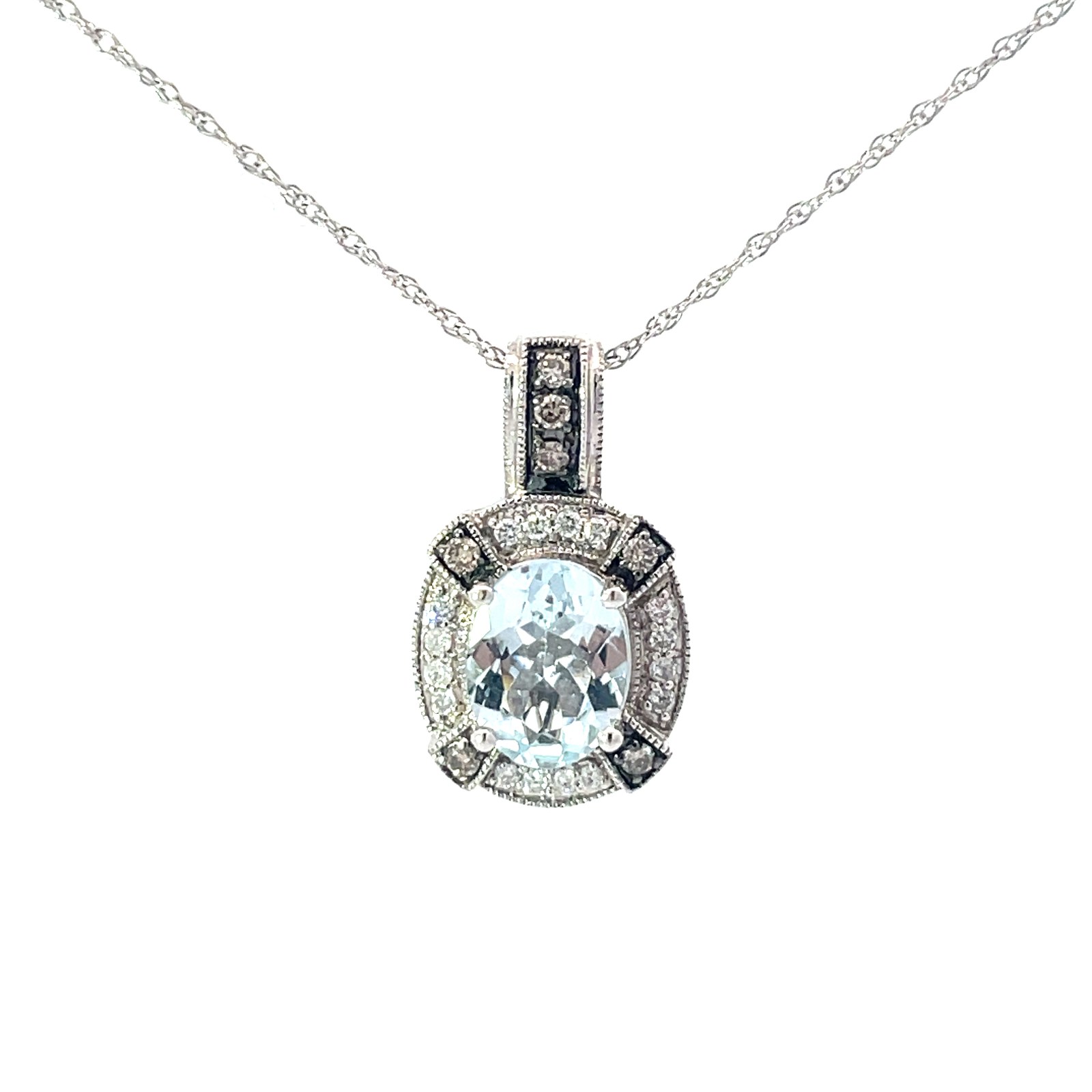 14kt wg aquamarine and diamond pendant 1 oval aquamarine 1.75ct 7 rd chocolate diamonds .33 PTS