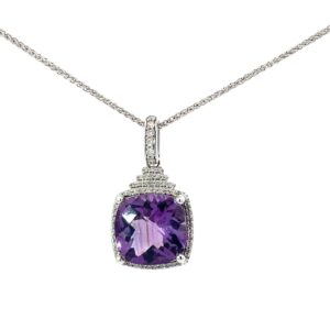 14kt wg dia and checker board amethyst 12X12 cush tw 4.00 ct dia tw 0.32 pts si1/si2, h pend on machine made rope 18"