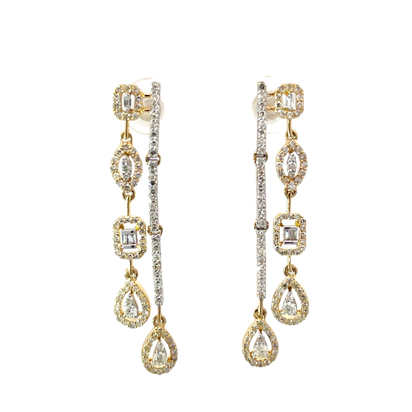 yg .jpg 10kt yellow gold diamond dangle double row fashion earring with screw backs D tw 1.20cts SI clariry, near colorless I color