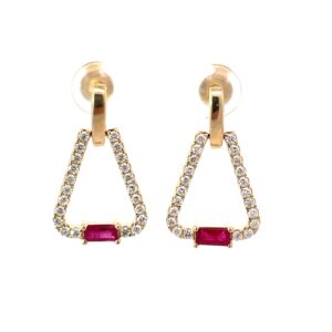 14kt yellow gold diamond and genuine ruby dangle fashion earring D tw0.68cts R tw0.45cts SI clarity, near colorless G/H color