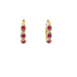 14kt yellow gold diamond and ruby huggie hoop earrings R tw 0.31cts D tw 0.22cts SI2, near colorless I color