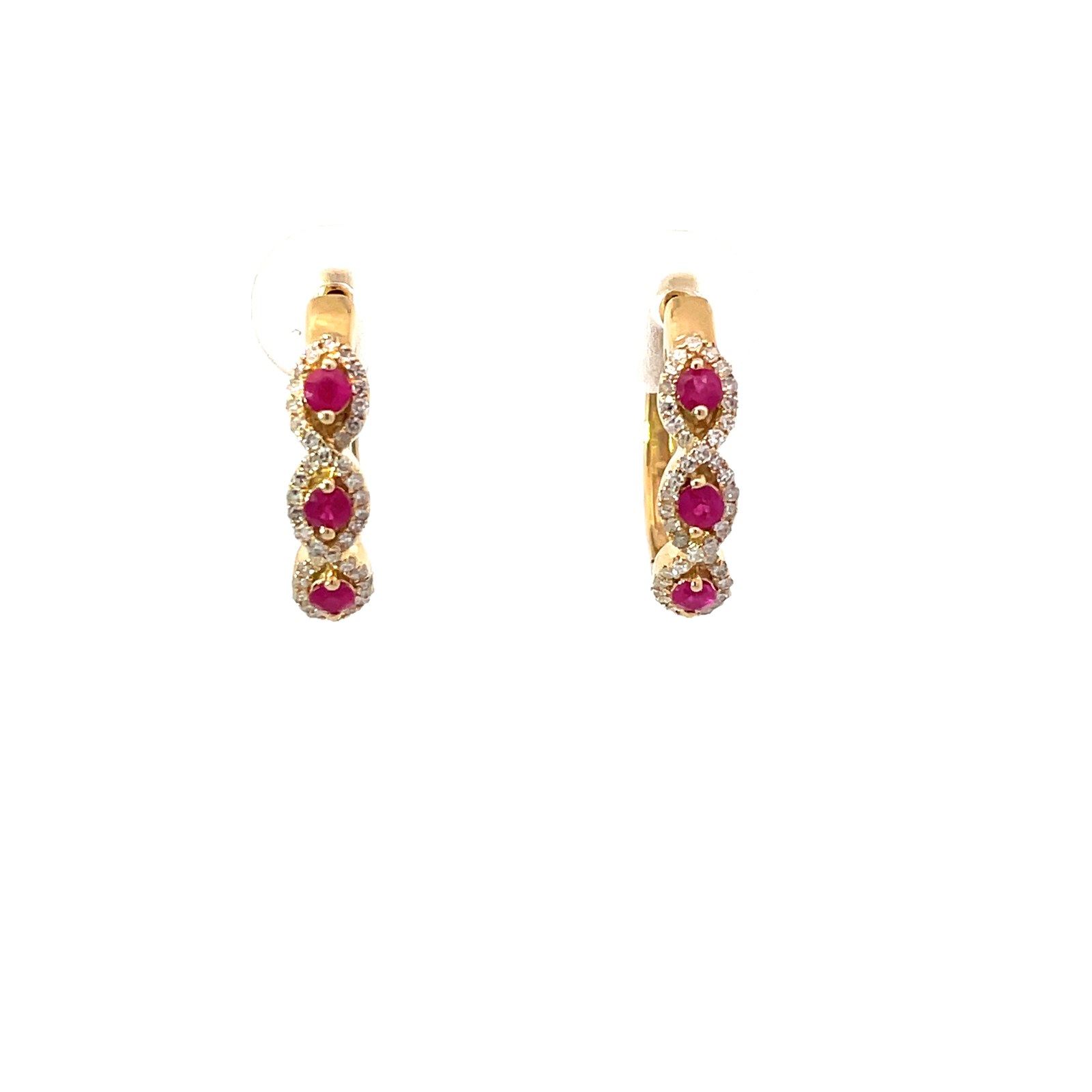 14kt yellow gold diamond and ruby huggie hoop earrings R tw 0.31cts D tw 0.22cts SI2, near colorless I color