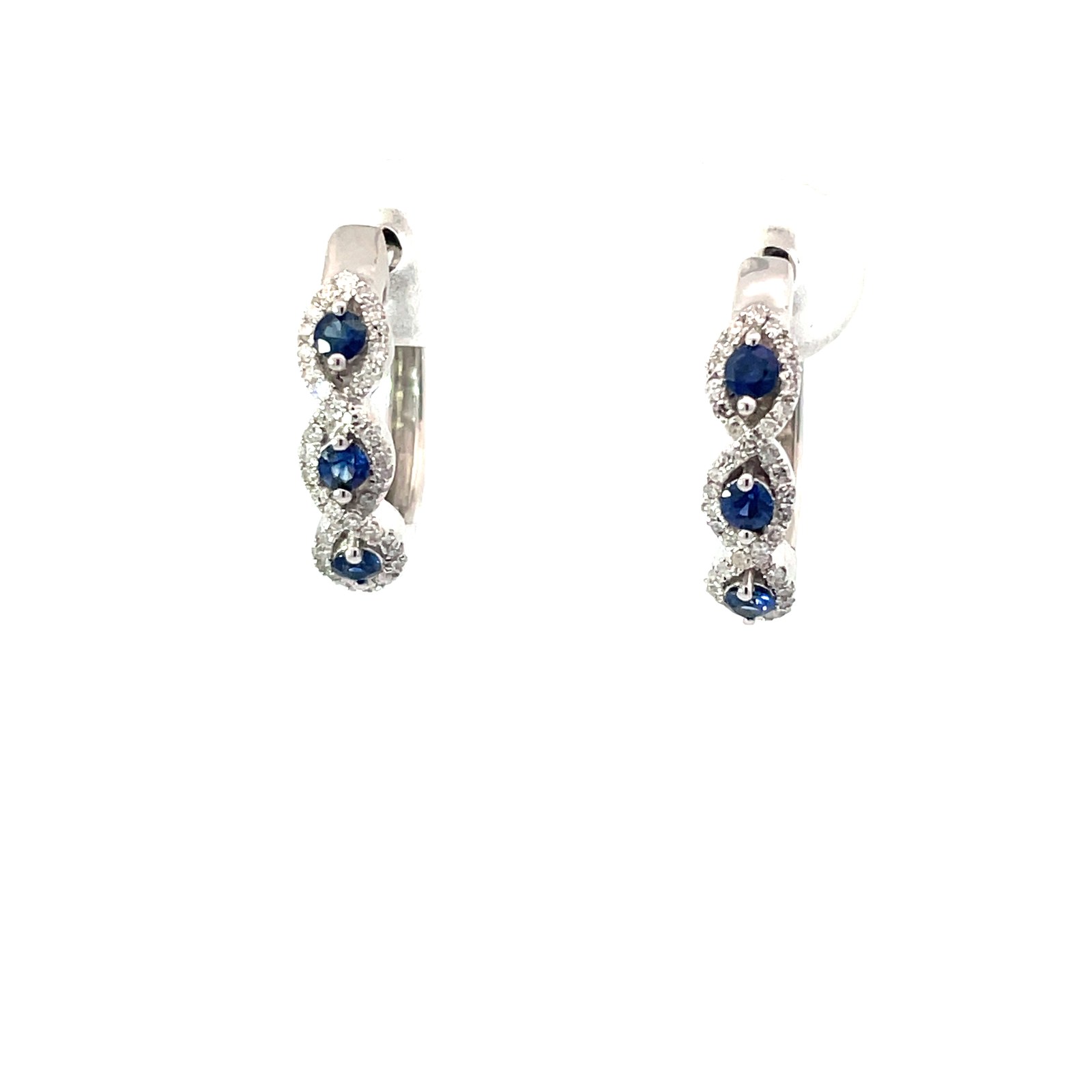wg .jpg 14kt white gold diamond and sapphire huggie halo earring D tw 0.23cts S tw 0.31cts SI clarity, near colorless I color