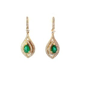14kt yellow gold diamond and genuine emerald dangle earrings D tw 0.61cts E tw 0.70cts SI1, near colorless G
