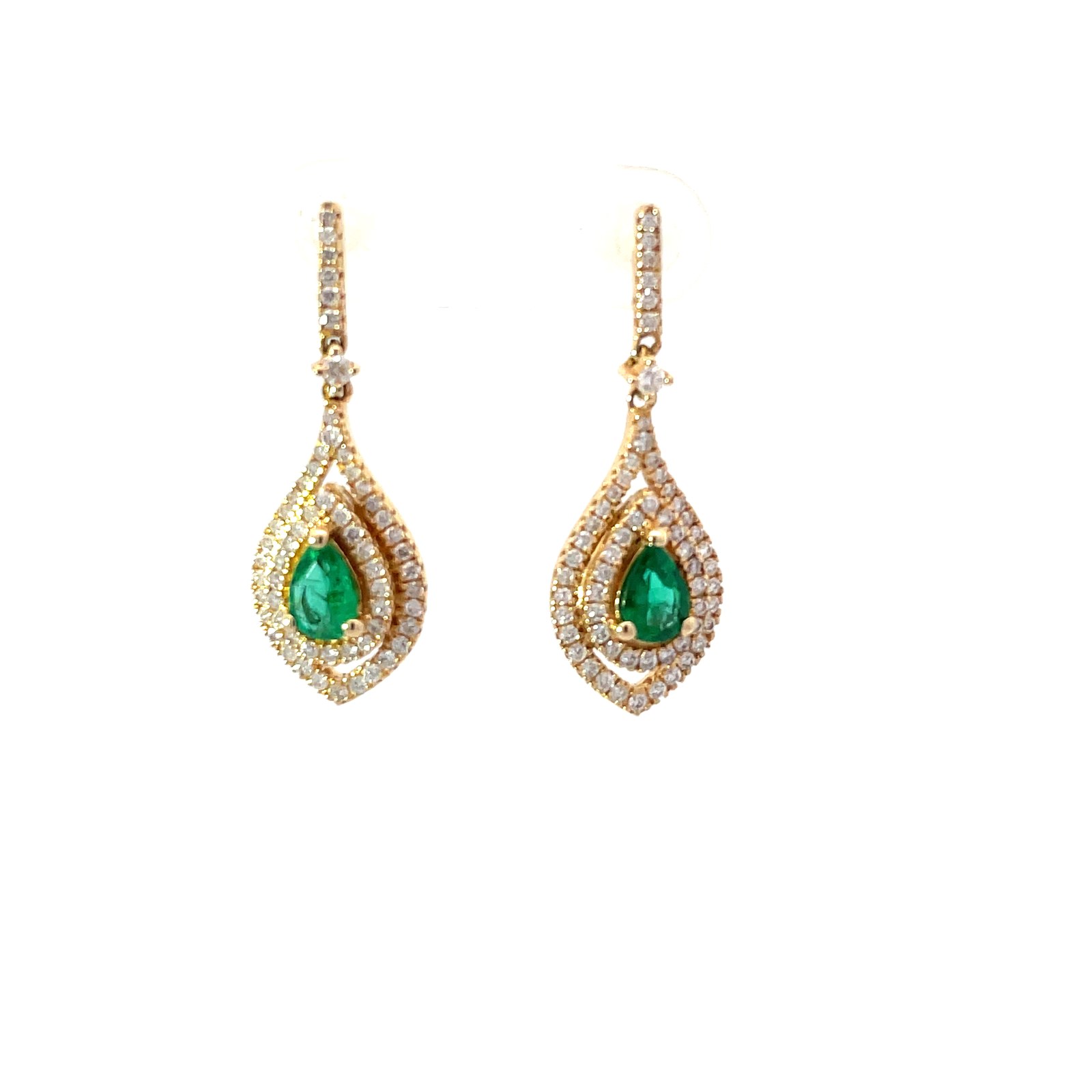 yg .jpg 14kt yellow gold diamond and genuine emerald dangle earrings D tw 0.61cts E tw 0.70cts SI1, near colorless G