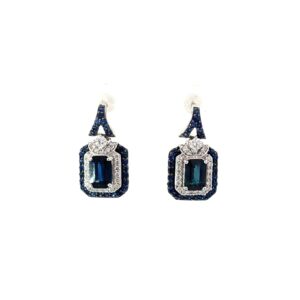 14kt white gold diamond and sapphire dangle emerald cut earring D tw0.28cts S tw1.60cts SI clarity, near colorless