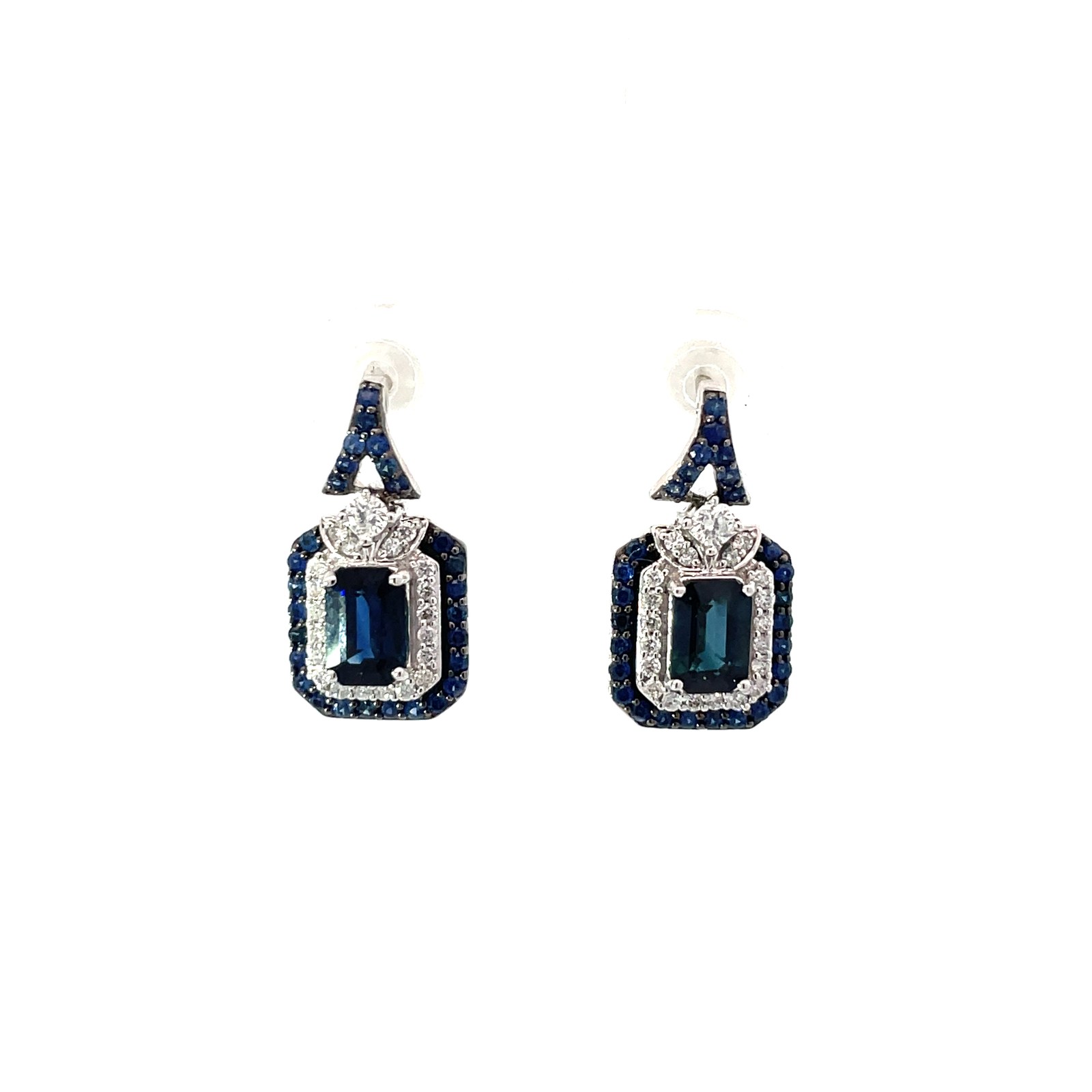 wg .jpg 14kt white gold diamond and sapphire dangle emerald cut earring D tw0.28cts S tw1.60cts SI clarity, near colorless
