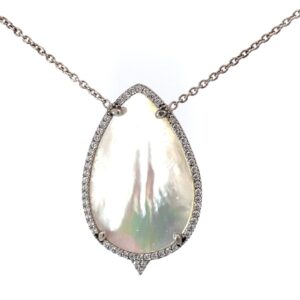 Sterling Silver mother of pearl and cz fashion shape halo pendant on adjust chain