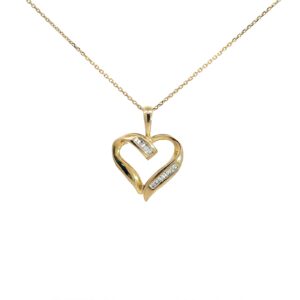10kt yellow gold diamond baguette heart pendant on diamond cut link chain 0.04cts 18" SI, near colorless I color