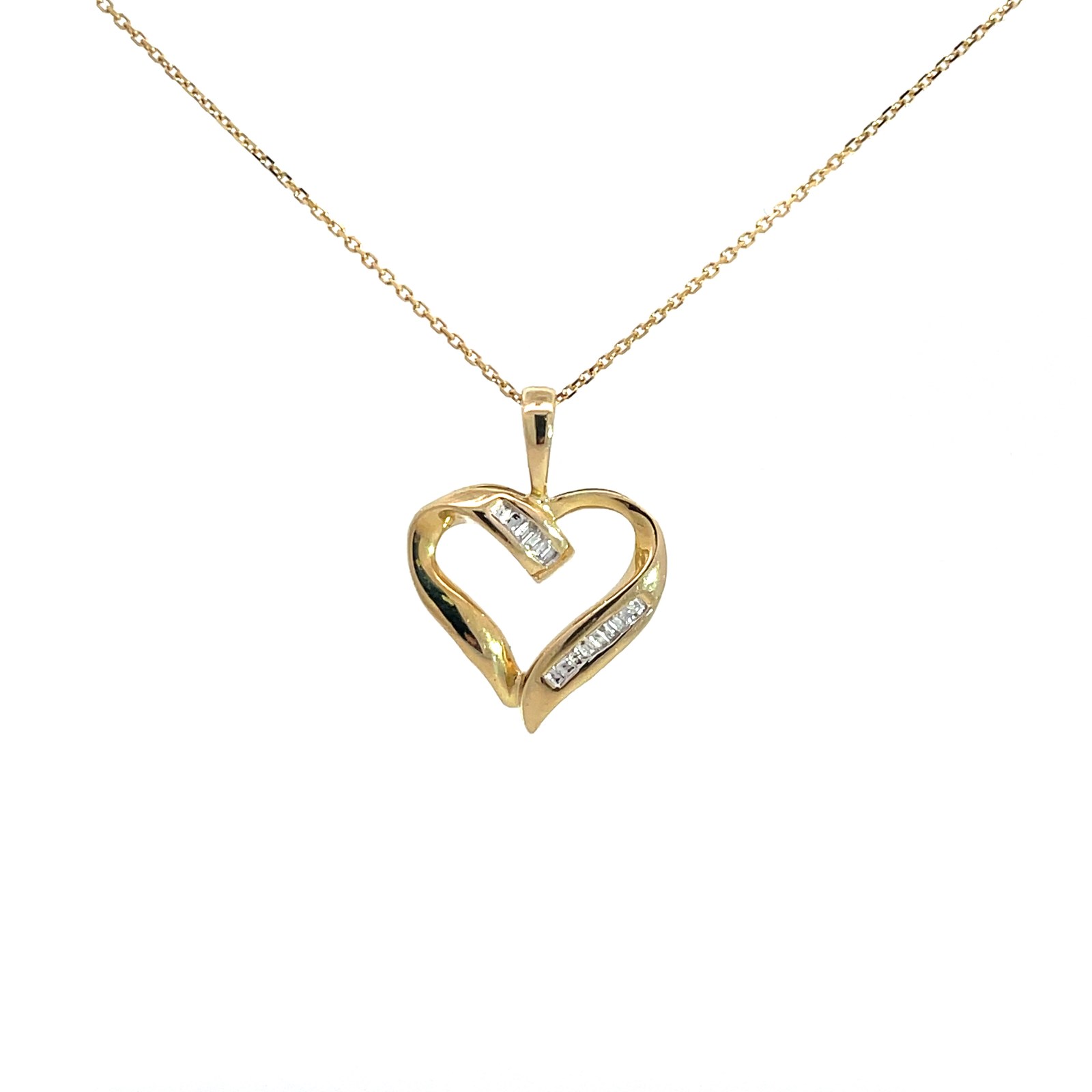 10kt yellow gold diamond baguette heart pendant on diamond cut link chain 0.04cts 18" SI, near colorless I color