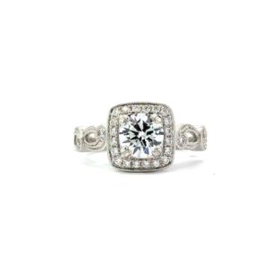 14kt white gold diamond cushion halo with diamond swirl sides tw 0.25cs CENTER CZ VS2, near colorless G color