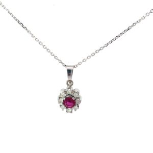 14kt white gold ruby and diamond halo pendant on cable chain 18" I clarity, I color tw 1/10 ct