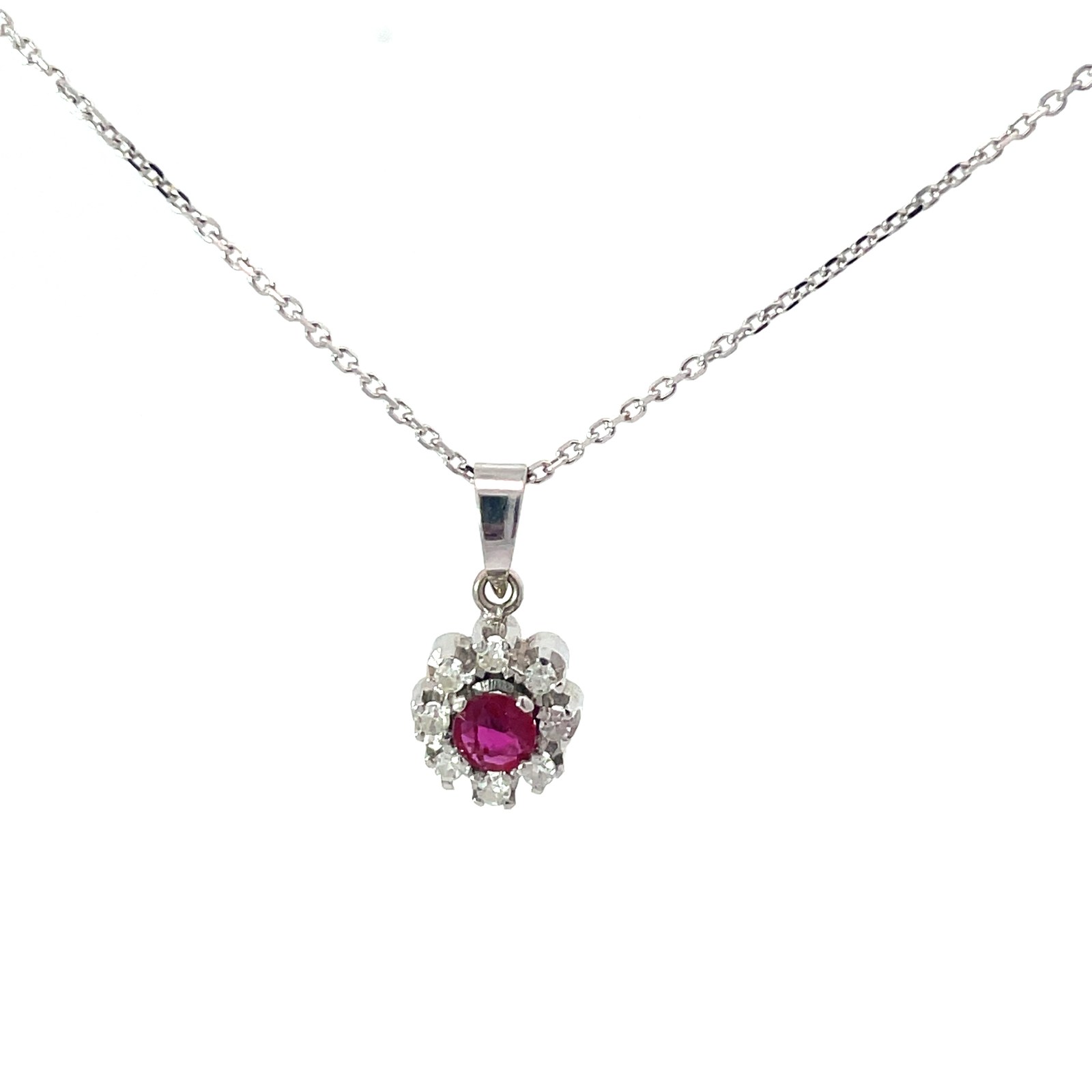 14kt white gold ruby and diamond halo pendant on cable chain 18" I clarity, I color tw 1/10 ct