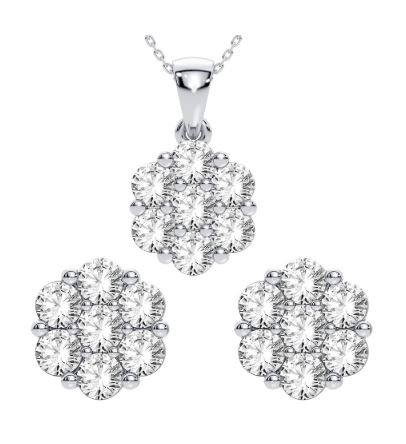 .jpg 14kt white gold diamond cluster necklace and earring SOLD AS SET D tw 0.25cts SI clarity, near colorless H color diamond cut cable chain 18"