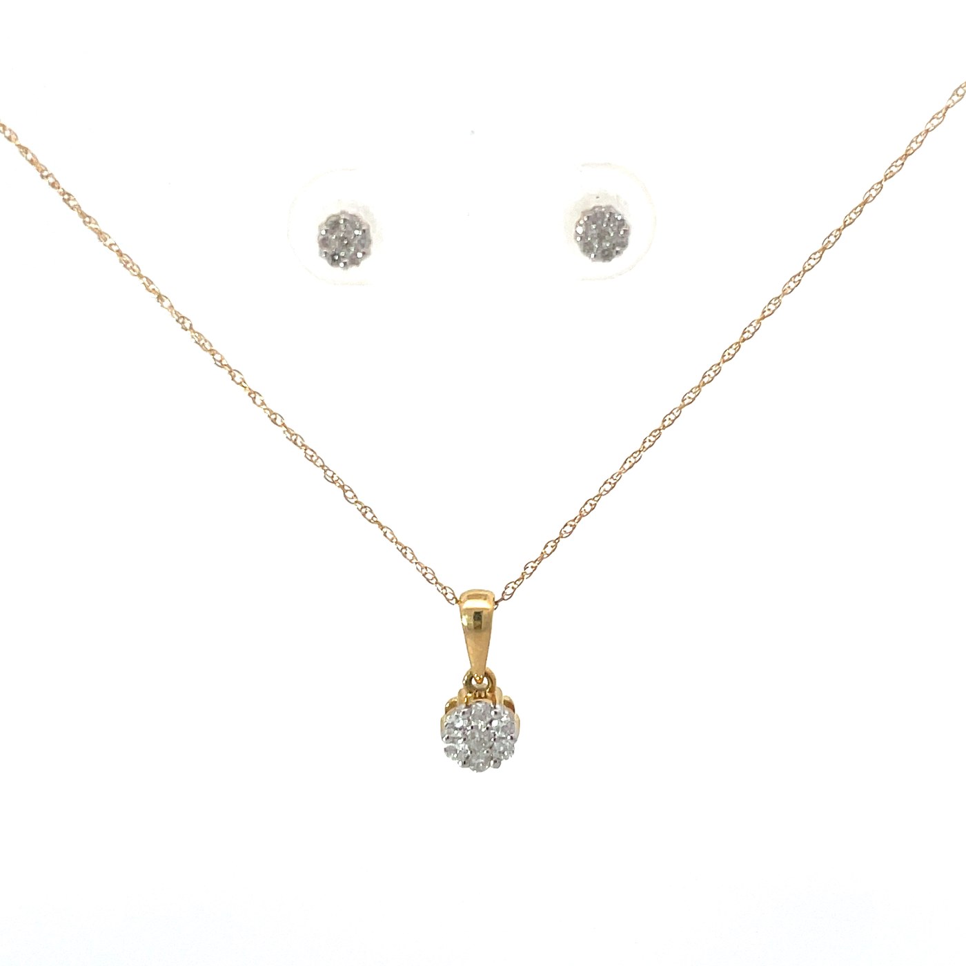 .jpeg 14kt yellow gold diamond cluster earring and pendant SOLD AS SET Dtw 0.25cts SI, H