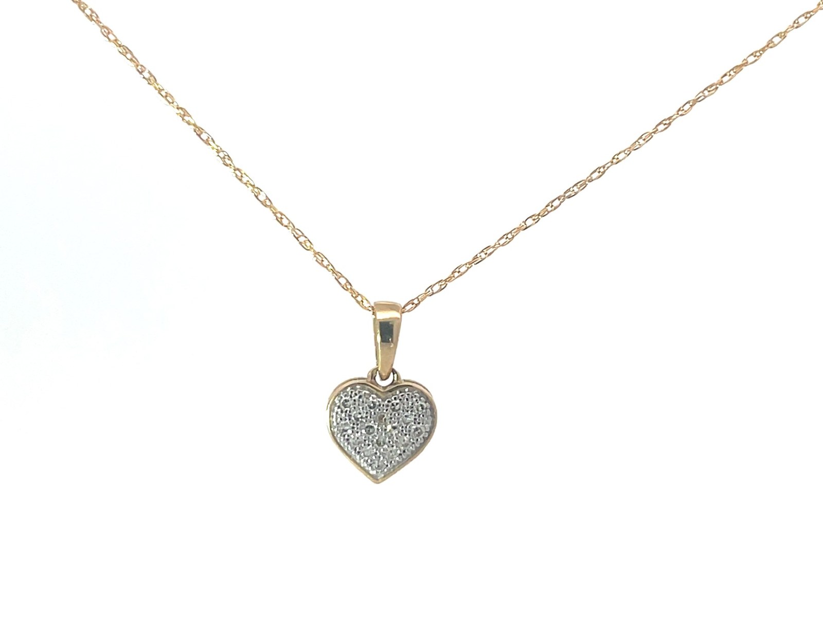 .jpeg 10kt yellow gold diamond petite hear pendant on 18" machine made rope tw 0.05cts SI, near colorless I color