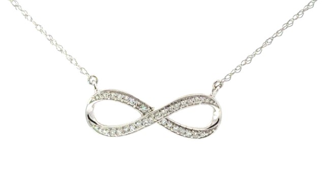 .jpg 10kt white gold diamond infinity pendant on machine made rope D tw 0.10cts SI clarity, near colorless I color