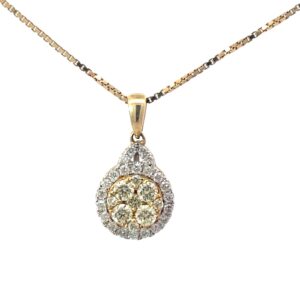 14kt two tone yellow and whtie diamond cluster pendant on 18" box chain tw 0.68cts