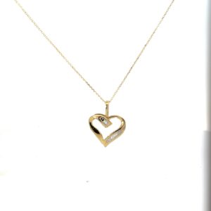 10kt yellow gold diamond baguette heart pendant on 0.8mm diamond cut cable chain 18" D tw 0.05cts SI clarity, near colorless H/I color