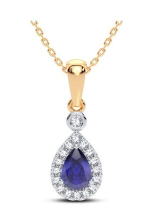 14kt yellow gold diamond and sapphire halo pendant on box chain 18" tw 0.10cts Sapphire 5 X 7