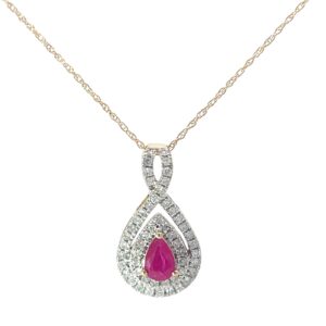 14kt yellow gold diamond and ruby double halo pear shape pendant 18" D tw 0.33cts