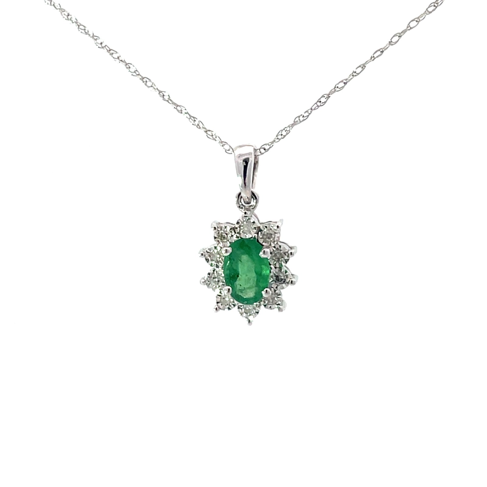 .jpg 10kt whit gold diamond and emerald halo illusion pendant on machine made rope 18" D tw 0.05cts