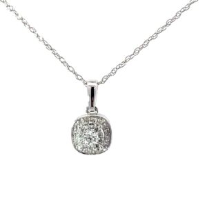 14kt white gold diamond cluster cushion shape pendant D tw 0.12ct SI, G/H 18"