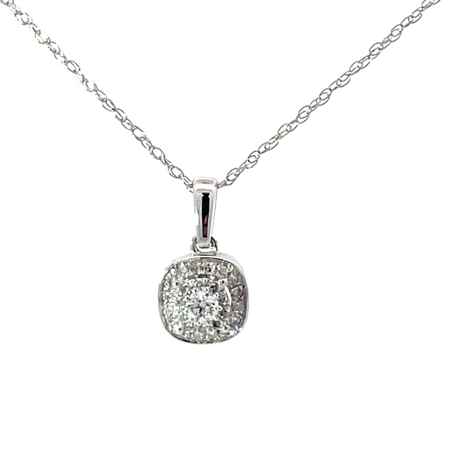 .jpg 14kt white gold diamond cluster cushion shape pendant D tw 0.12ct SI, G/H 18"